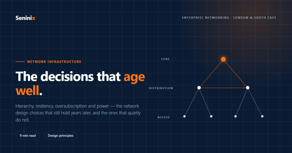 Seninix blog: network design best practices — the hierarchy of core, distribution and access, and the decisions that age well.